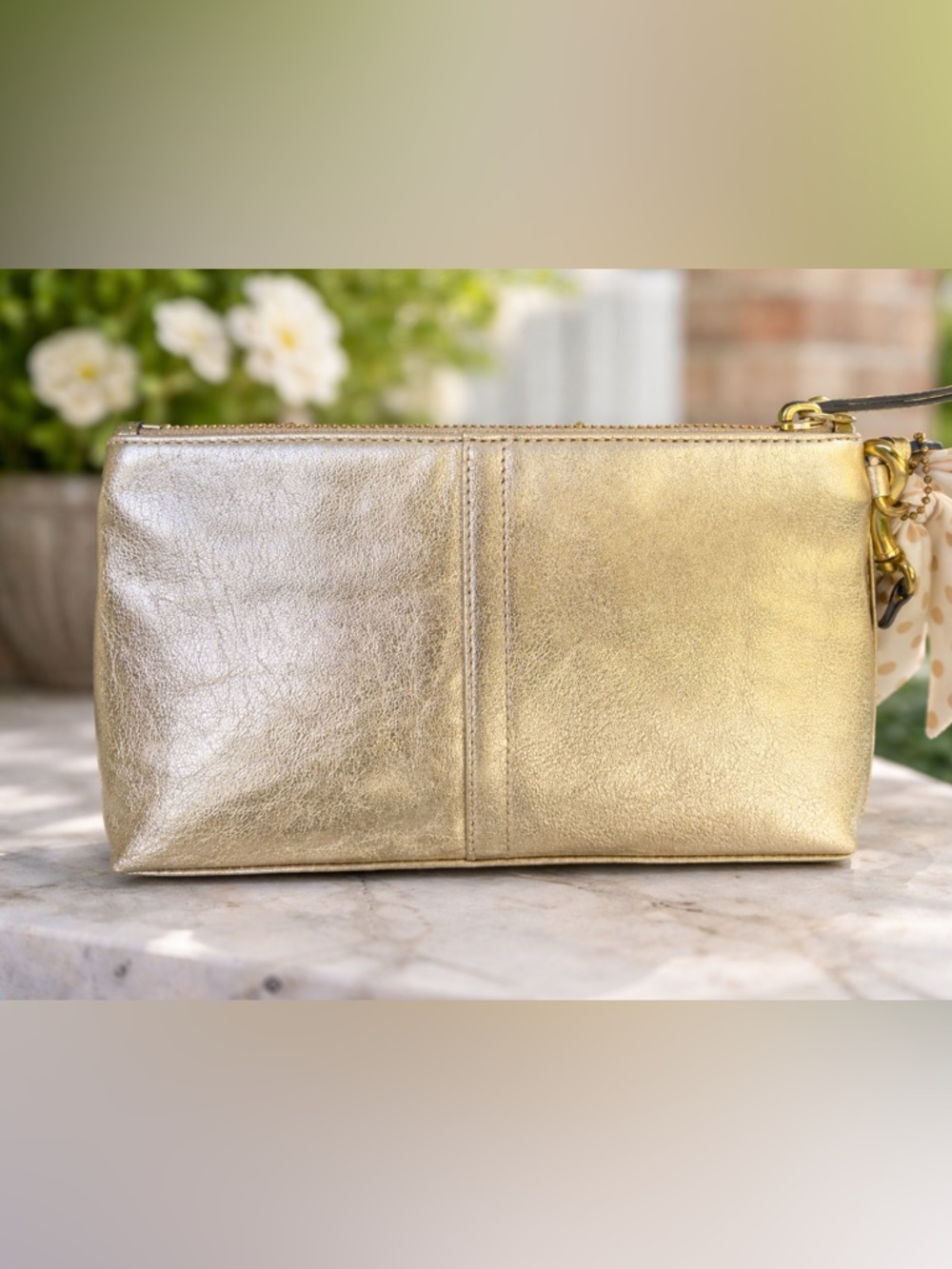 Coach Metallic Gold Leather Wristlet with Scarf Accent - Picture 3 of 8
